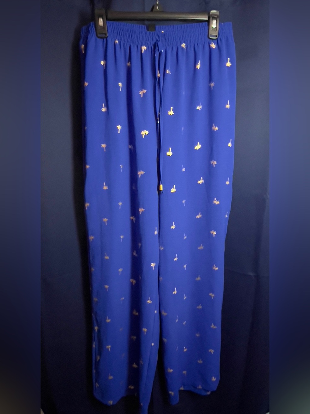 Willow + Ivy Wide Leg Pants in Royal Blue with Gold Palm Print
